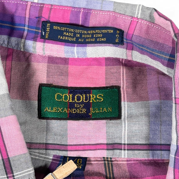 Vintage Colours Alexander Julian Shirt Adult LARGE Pink Plaid Madras Purple 90s - Picture 4 of 9